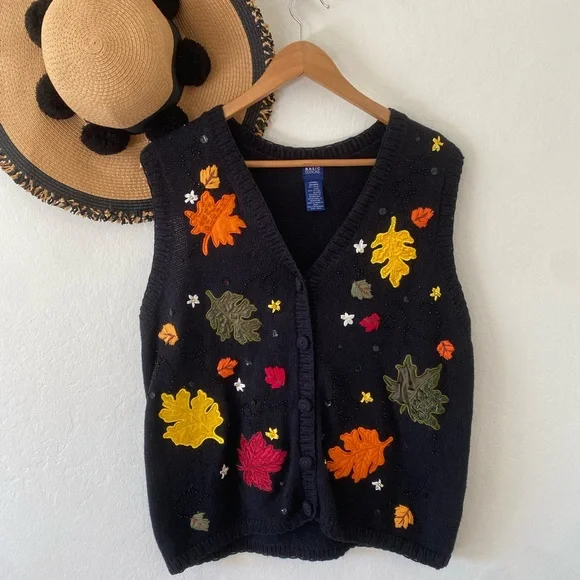 Vintage Y2K Autumn Fall Leaves Embroidered Black Ramie Cotton Knit Sweater Vest - Picture 1 of 9